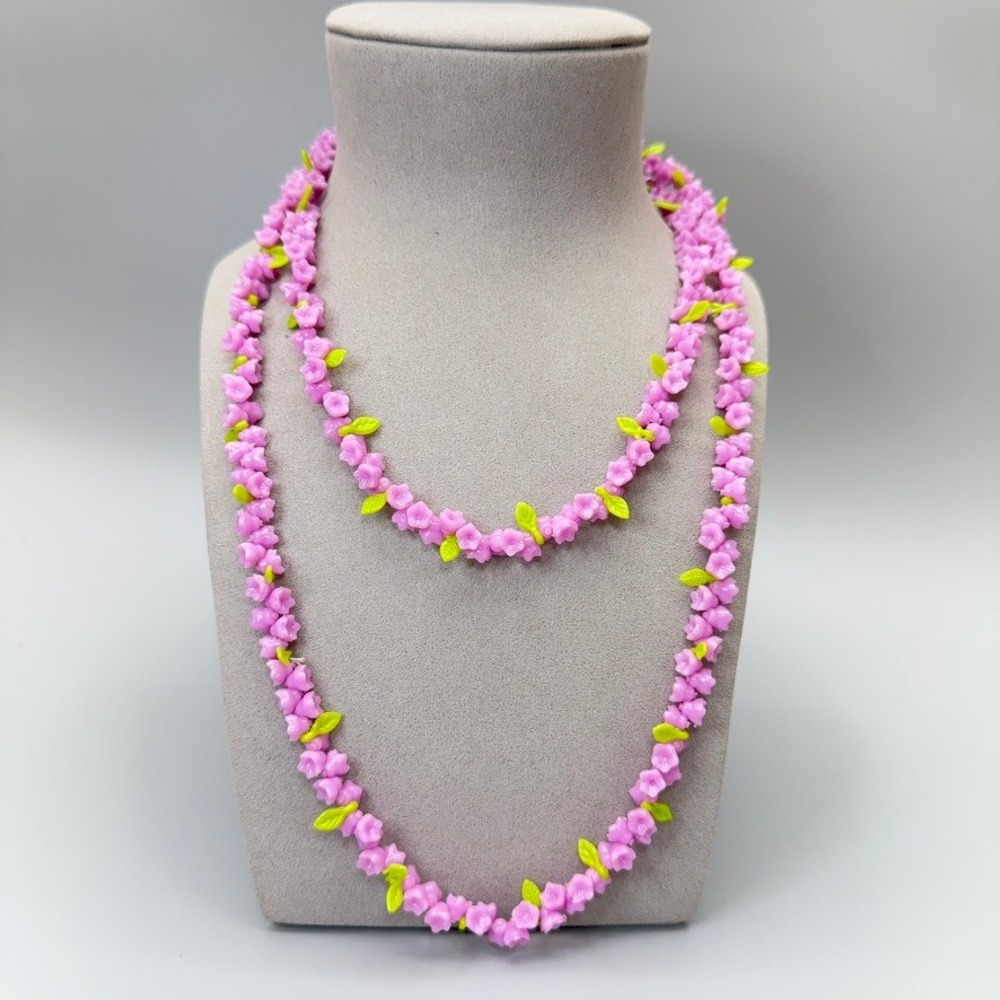 Vintage Plastic Flower Bead Necklace 23" Purple Green Leaf Fairy Feminine Party